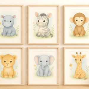 Láminas de animales de safari para guardería - Set de 7 pósteres de acuarela de la selva - Arte mural imprimible en tamaño A4 y A3 - Descarga instantánea