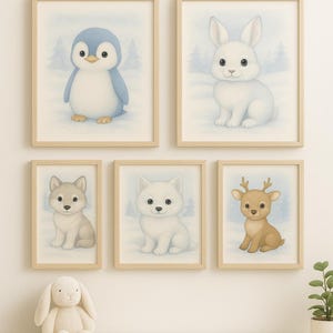 Láminas de animales polares para guardería – Juego de 6 crías de animales árticos – Arte mural imprimible en A4 y A3 – Descarga instantánea