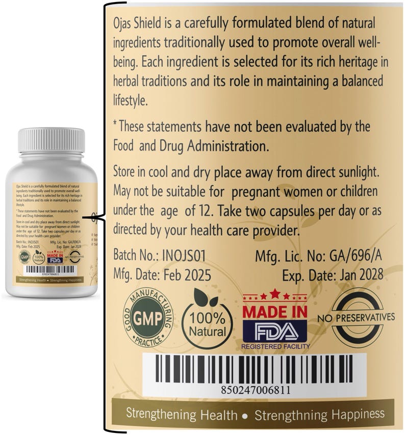 May include: A white bottle of Ojas Shield capsules with a white lid. The label includes text about the product's natural ingredients and FDA registration. The bottle is labeled with a batch number, manufacturing date, and expiration date.