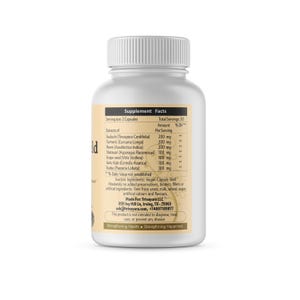 May include: A white plastic bottle of dietary supplements with a white screw-on cap. The label includes the text "Supplement Facts" and lists ingredients such as Turmeric and Neem. The bottle contains 30 servings of 2 capsules each.