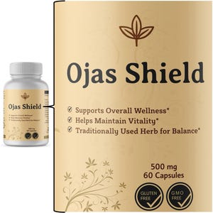 May include: A white bottle of "Ojas Shield" capsules. The label includes text that says "Supports Overall Wellness", "Helps Maintain Vitality", and "Traditionally Used Herb for Balance". The bottle contains 60 capsules, 500 mg each.