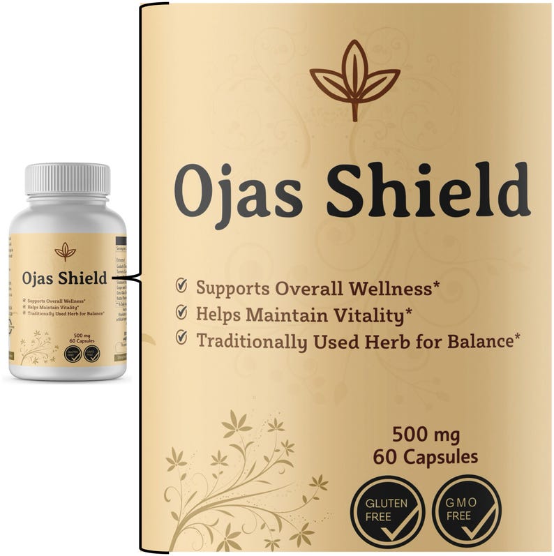 May include: A white bottle of "Ojas Shield" capsules. The label includes text that says "Supports Overall Wellness", "Helps Maintain Vitality", and "Traditionally Used Herb for Balance". The bottle contains 60 capsules, 500 mg each.