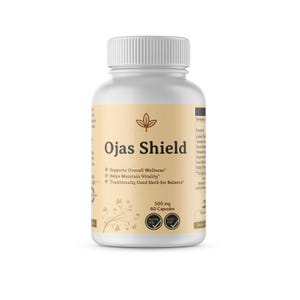 May include: A white plastic bottle of Ojas Shield capsules. The label is tan with the product name and the text "Supports Overall Wellness", "Helps Maintain Vitality", and "Traditionally Used Herb for Balance". The bottle contains 60 capsules, each 500 mg.