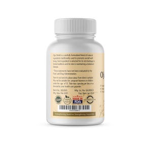 May include: A white plastic bottle of Ojas Shield capsules. The label includes text about the product's natural ingredients and usage. The bottle has a white cap and is against a white background. The label includes the text "100% Natural" and "FDA".