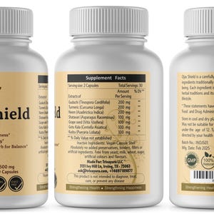 May include: Three white supplement bottles with beige labels. The labels read "Ojas Shield" and list ingredients like Guduchi and Turmeric. Each bottle has a white cap and contains 60 capsules. The bottles are for overall wellness.