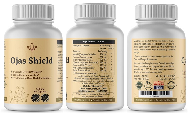 May include: Three white supplement bottles with beige labels. The labels read "Ojas Shield" and list ingredients like Guduchi and Turmeric. Each bottle has a white cap and contains 60 capsules. The bottles are for overall wellness.