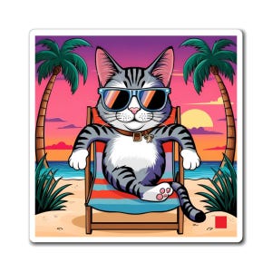 Chill Cat Beach Magnet: Tropical Home Decor, Cat Lover Gift