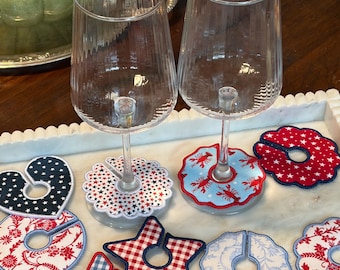 Etiquetas personalizadas bordadas para tallos de vino, decoración para fiestas del 4 de julio, regalos patrióticos para anfitrionas.