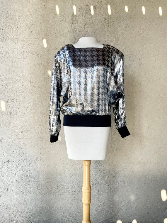 1980s Silver & Black Metallic Houndstooth Pullove… - image 4