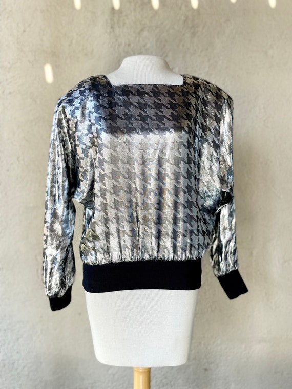 1980s Silver & Black Metallic Houndstooth Pullove… - image 1