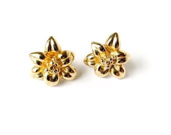 Vintage Gold Tone Magnolia Earrings: 80s Floral Statement Studs