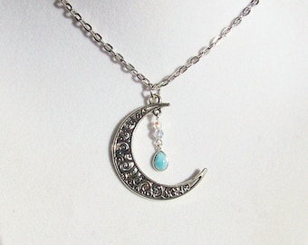 Larimar Moon Filigree Necklace Ocean Blue Teardrop Gemstone Silver Plated Rolo Chain