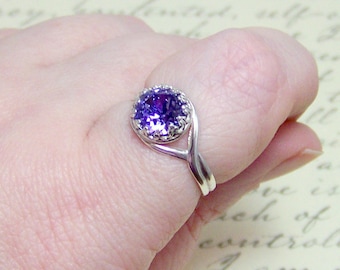 Silver Plated Tanzanite Ring, Adjustable Medieval Crown Crystal Split Shank Ring