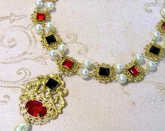 Tudor Replica Necklace Catherine Parr Historical Reproduction Brass Filigree with Red and Black Glass