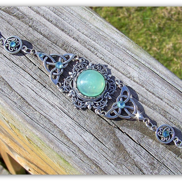 Celtic Knot Bracelet Silver Triquetra Filigree with Green Cabochon and Crystals