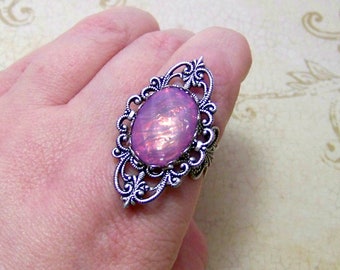 Gothic Victorian Filigee Ring Silver Plated with Faux Opal and Adjustable Band