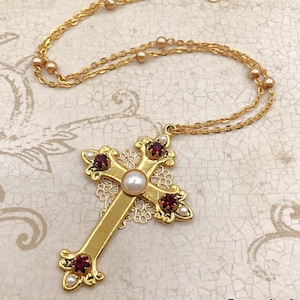 Medieval Tudor Cross Necklace - 16th Century Antique Gold Pearl Chain Renaissance Jewelry