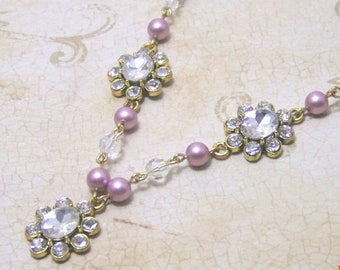 Victorian Pink Pearl and Crystal Rhinestone Antique Gold Necklace Edwardian Regency Rococo Daphne