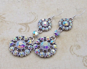 Regency Victorian Bridgerton Statement Jewelry Dangle Chandelier Earrings Aurora Borealis Antique Silver Crystal Rhinestone Daphne