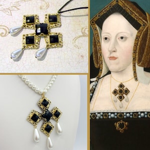 Reproducción histórica de collar Tudor de Catalina de Aragón, réplica de cristal Swarovski facetado negro, filigrana dorada, estilo medieval renacentista.
