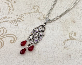 Medieval Renaissance Victorian Chainmail Pendant Necklace Siam Red Swarovski Crystal Aurora Borealis Silver Plated Handmade Chainmaille