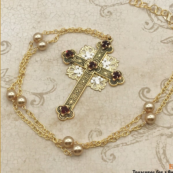 Elizabethan Tudor Gold Pearl Cross 16th Century Medieval Renaissance Jacobean Ruby Red Crystal Large Queen Anne Musketeers Replica Necklace