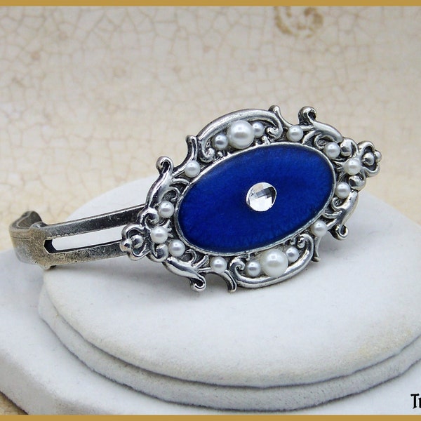 Edwardian Cuff Bracelet, OOAK Blue and Silver Filigree Pearl Bracelet
