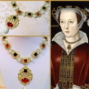 Tudor Replica Necklace Catherine Parr Historical Reproduction Brass Filigree with Red and Black Glass image 1