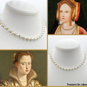 May include: A white pearl necklace with gold accents on a white mannequin bust. The necklace is also shown on a painting of a woman wearing a similar necklace.