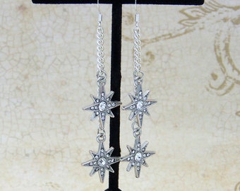 Victorian Christine Daae Phantom of the Opera Reign Mary Stuart Silver Rhinestone Star Celestial Drop Dangle Renaissance Earrings