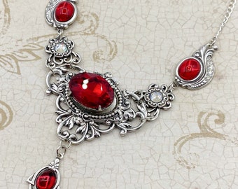 Collar victoriano gótico - Joyería chapada en plata antigua de color rojo rubí