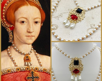 Queen Elizabeth I Historical Reproduction 2 Necklace Set Gold Brass Filigree Ruby Red Glass Beaded Glass Pearl Becoming Elizabeth Tudor