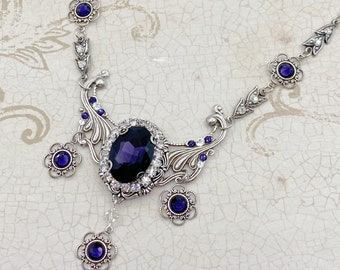 Purple Crystal Victorian Necklace - Antiqued Silver Plated Gothic Art Nouveau Jewelry
