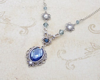 Victorian Edwardian Art Nouveau Montana Sapphire Blue Glass Antique Silver Vintage Inspired Neo Victorian Swarovski Crystal Chain Necklace