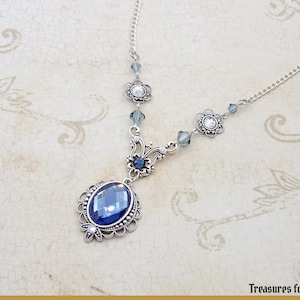 Victorian Edwardian Art Nouveau Montana Sapphire Blue Glass Antique Silver Vintage Inspired Neo Victorian Swarovski Crystal Chain Necklace image 1