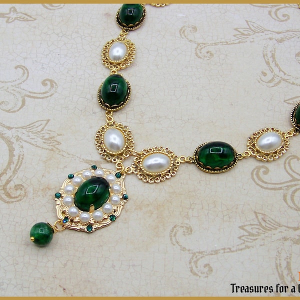 Medieval Tudor Anne Neville White Queen Replica Necklace Antique Gold Filigree Pearl Emerald Green Glass Renaissance War of the Roses