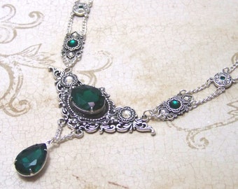 Gothic Victorian Necklace Antique Silver Ornate Filigree with Crystal and Chain