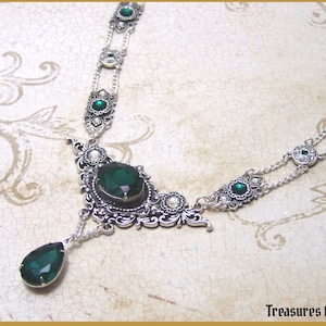 Gothic Victorian Necklace Antique Silver Ornate Filigree with Crystal and Chain