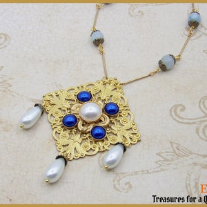 Medieval Catherine of Aragon Tudor Renaissance Spanish Princess Genuine Aquamarine Pearl Antique Gold Filigree Anne Boleyn Necklace Jewelry