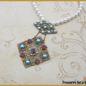 Medieval Tudor Renaissance Necklace Catherine of Aragon Spanish Princess Glass Pearl Filigee Swarovski Crystal Rhinestone Faire Jewelry