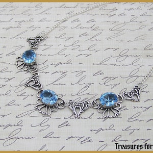 Victorian Filigree Necklace, Silver Plated Aqua Blue Crystal Regency Jewelry