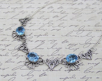 Victorian Filigree Necklace, Silver Plated Aqua Blue Crystal Regency Jewelry