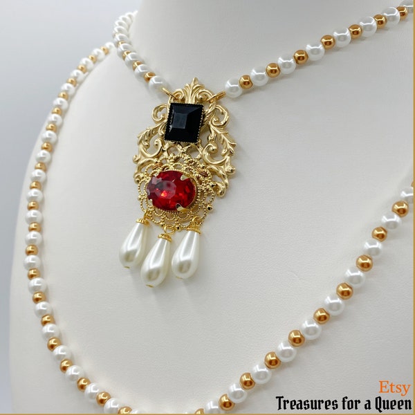 Queen Elizabeth I Historical Reproduction 2 Necklace Set Gold Brass Filigree Ruby Red Glass Beaded Glass Pearl Becoming Elizabeth Tudor