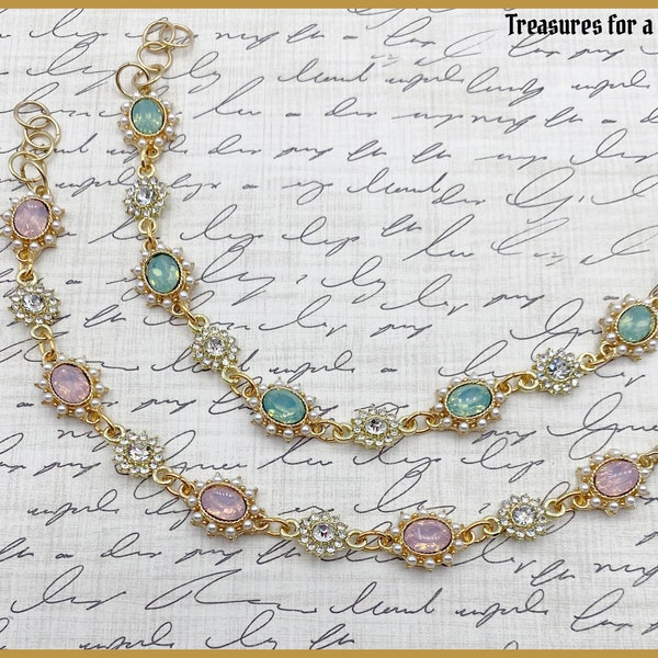 Bridgerton Regency Victorian Gold Plated Clear Rhinestone Pearl Pink Light Teal Faux Opal Feminine Pastel Flower Rococo Jewelry Bracelet