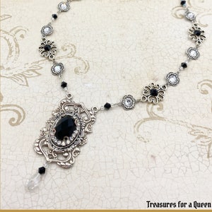 Black Gothic Victorian Necklace - Jet Crystal Antique Silver Mourning Jewelry