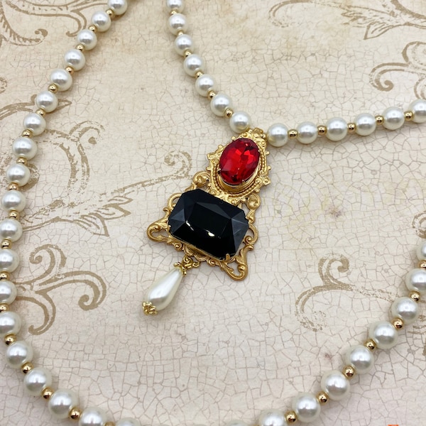 Jane Seymour Historical Reproduction 2 Necklace Set Tudor Replica Glass Pearl Brass Filigree Red Black Faceted Glass Gold Tone Bead Medieval