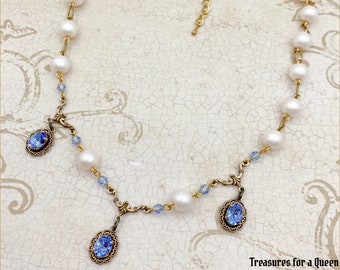 Victorian Necklace - Sapphire Blue Crystal and Pearl Choker Bridgerton Jewelry