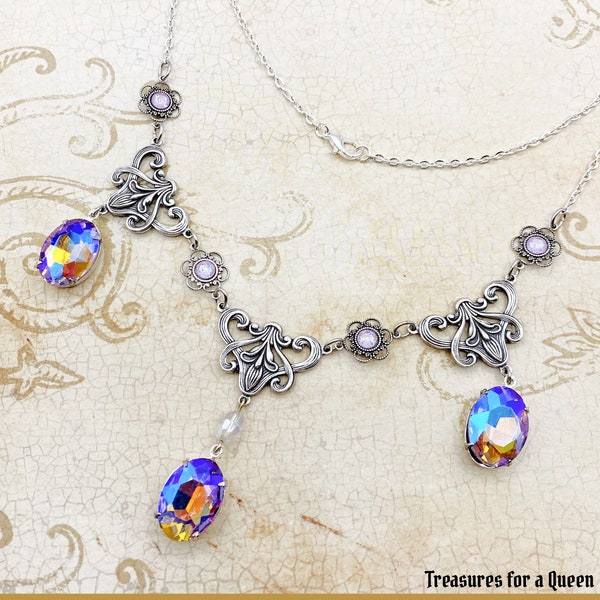 Crystal Art Nouveau Necklace - Victorian Flower Antique Silver Statement Jewelry