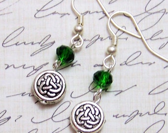Celtic Knot Earrings - Green Crystal Antique Silver Outlander Dangle Earrings