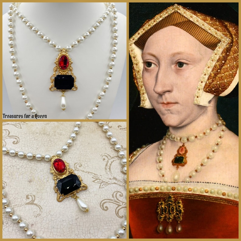 Jane Seymour Historical Reproduction 2 Necklace Set Tudor Replica Glass Pearl Brass Filigree Red Black Faceted Glass Gold Tone Bead Medieval image 1